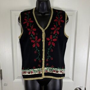 Segue Noel Festive Black Knit Vest with Red Floral Design Size Medium